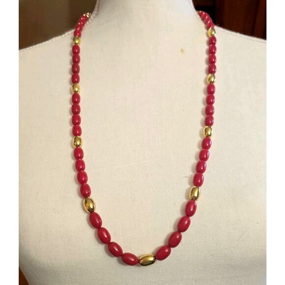 Vintage Napier Necklace Bright Red Gold Tone Oval Shaped Beads 28" L SKU 2258 - Picture 1 of 12